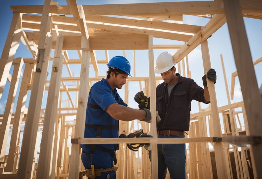 Modern home exterior with construction materials and scaffolding