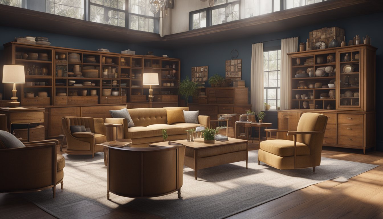 A storage unit filled with vintage furniture items: chairs, tables, dressers, lamps, and cabinets