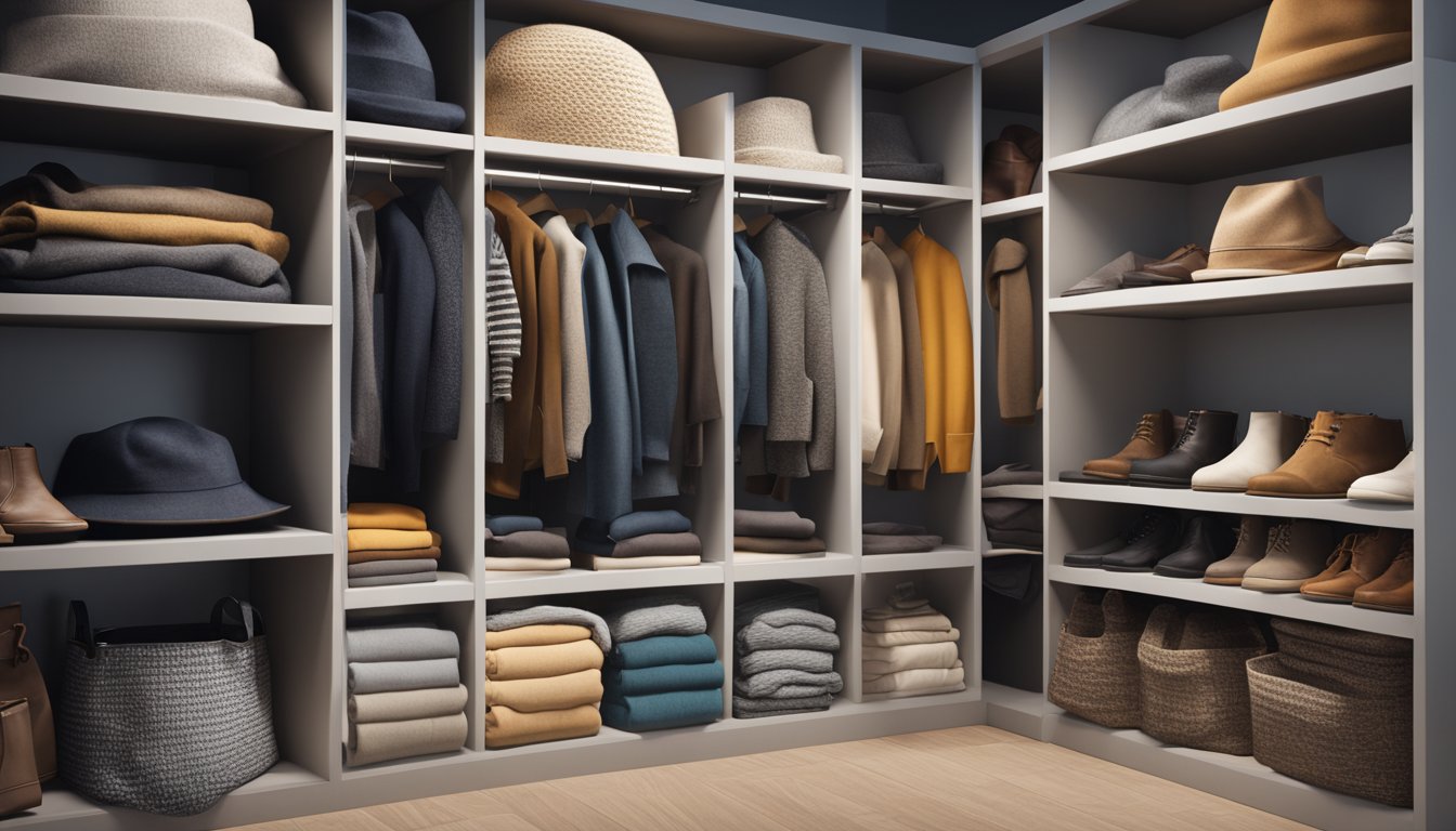 A storage unit filled with seasonal clothing items neatly folded and organized into categories such as coats, sweaters, boots, scarves, and hats