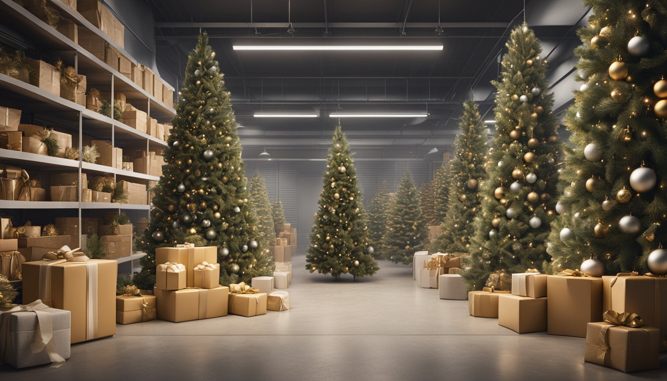 A storage unit filled with holiday decorations: boxes of ornaments, artificial trees, strings of lights, wreaths, and inflatable yard decorations