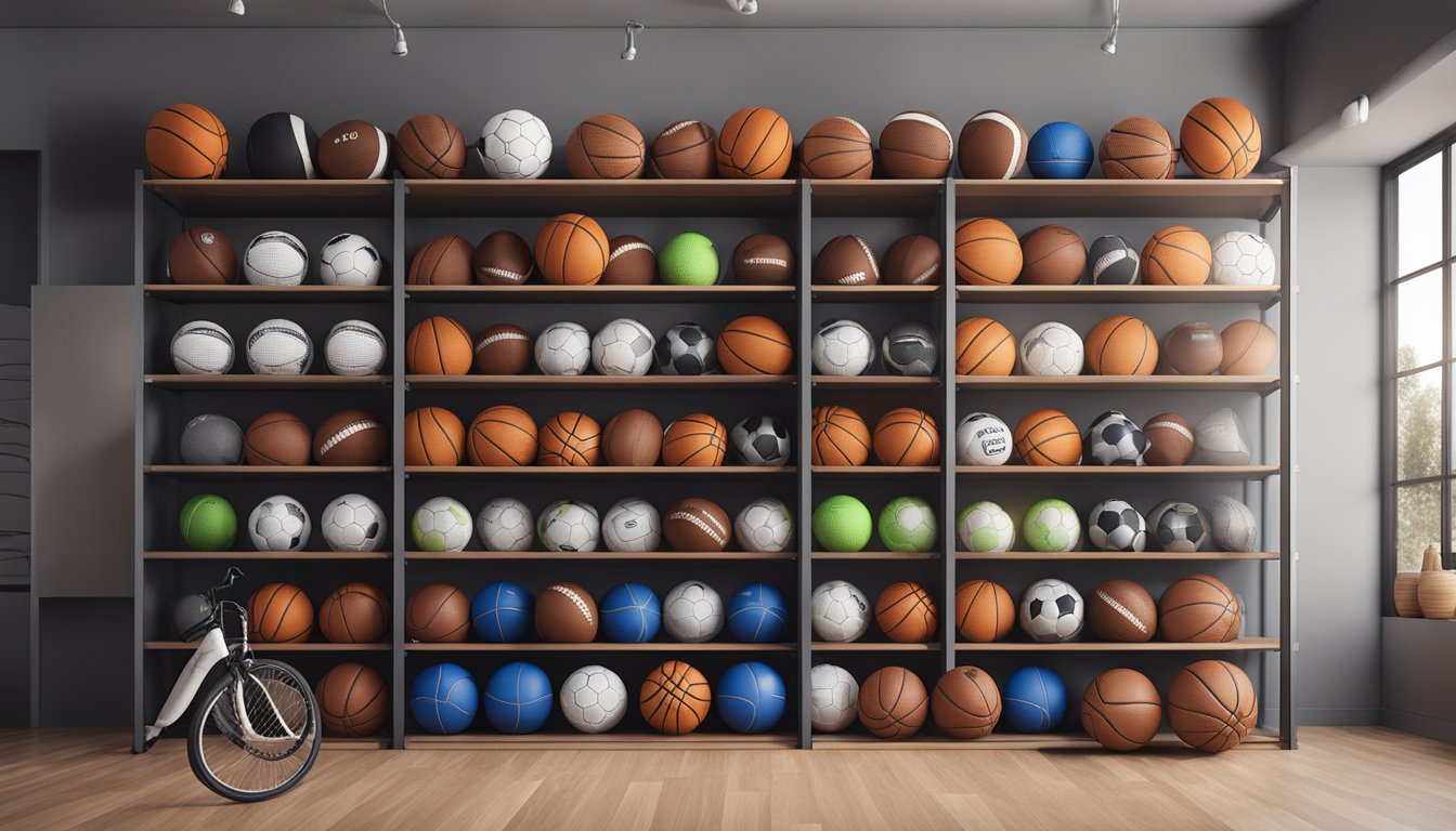 A storage unit filled with sports equipment: basketballs, tennis rackets, golf clubs, soccer balls, and yoga mats neatly arranged on shelves and hooks