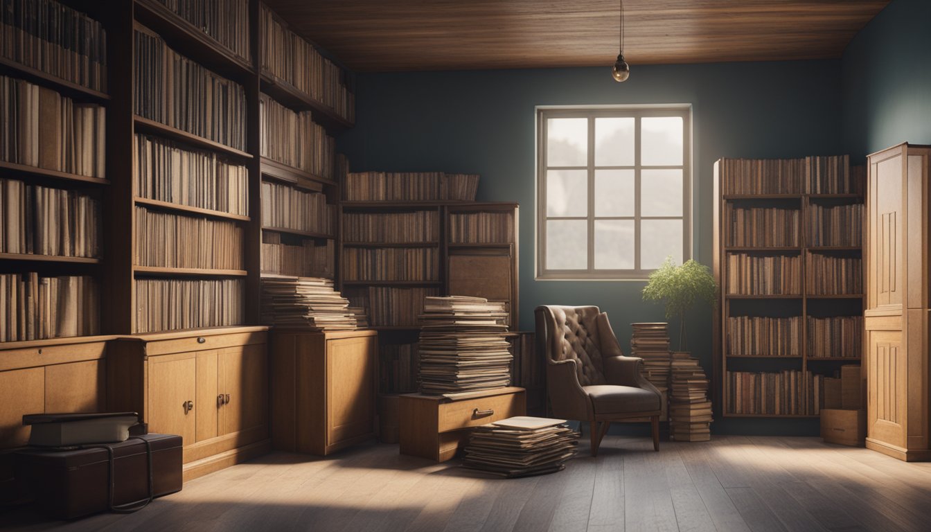 A stack of old records, a box of books, a set of vintage clothing, a collection of vinyl records, and a pile of antique furniture in a storage unit