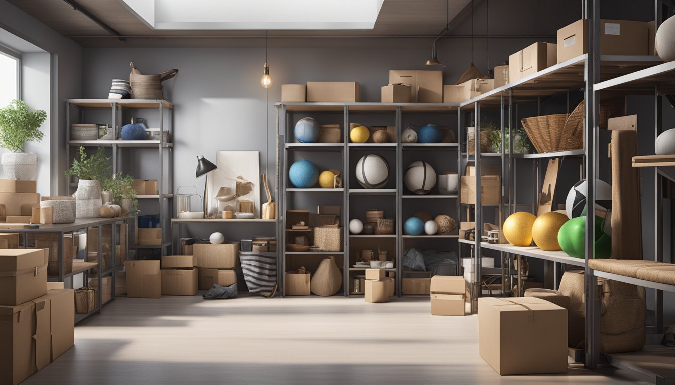 Various items such as furniture, boxes, sports equipment, and seasonal decorations are neatly organized inside a clean and well-lit storage unit