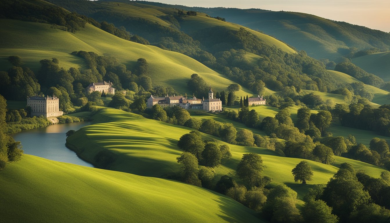 A serene landscape of rolling hills, lush forests, and tranquil waterways, with historic buildings and landmarks scattered throughout