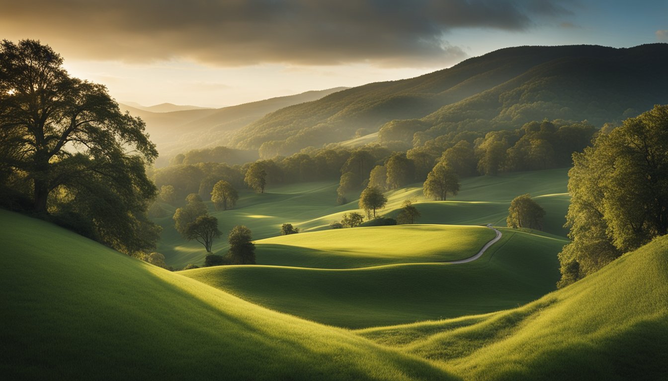 Rolling hills, lush forests, and serene lakes create a picturesque landscape. Historic buildings and cultural landmarks dot the countryside. Rich in natural beauty and heritage