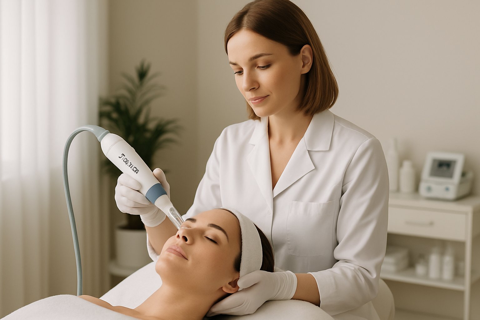 A beauty professional performing a microneedling treatment on a relaxed client in a clean, modern clinic room.