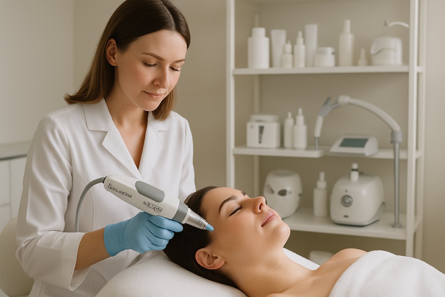 A skincare professional performing microneedling treatment on a client in a modern clinic with skincare products and equipment visible in the background.