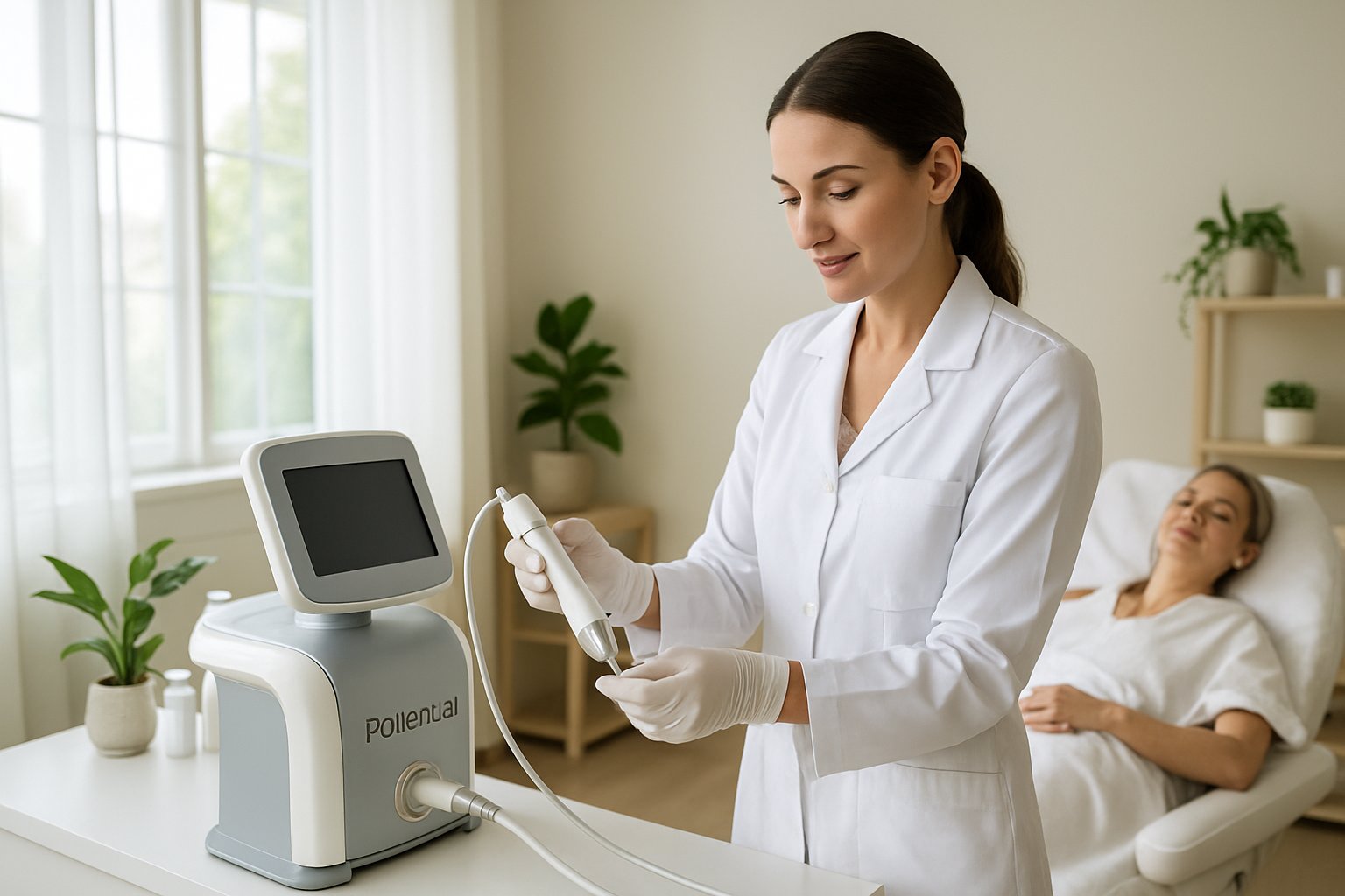 A skincare specialist prepares a microneedling device while a client relaxes on a treatment chair in a modern clinic.