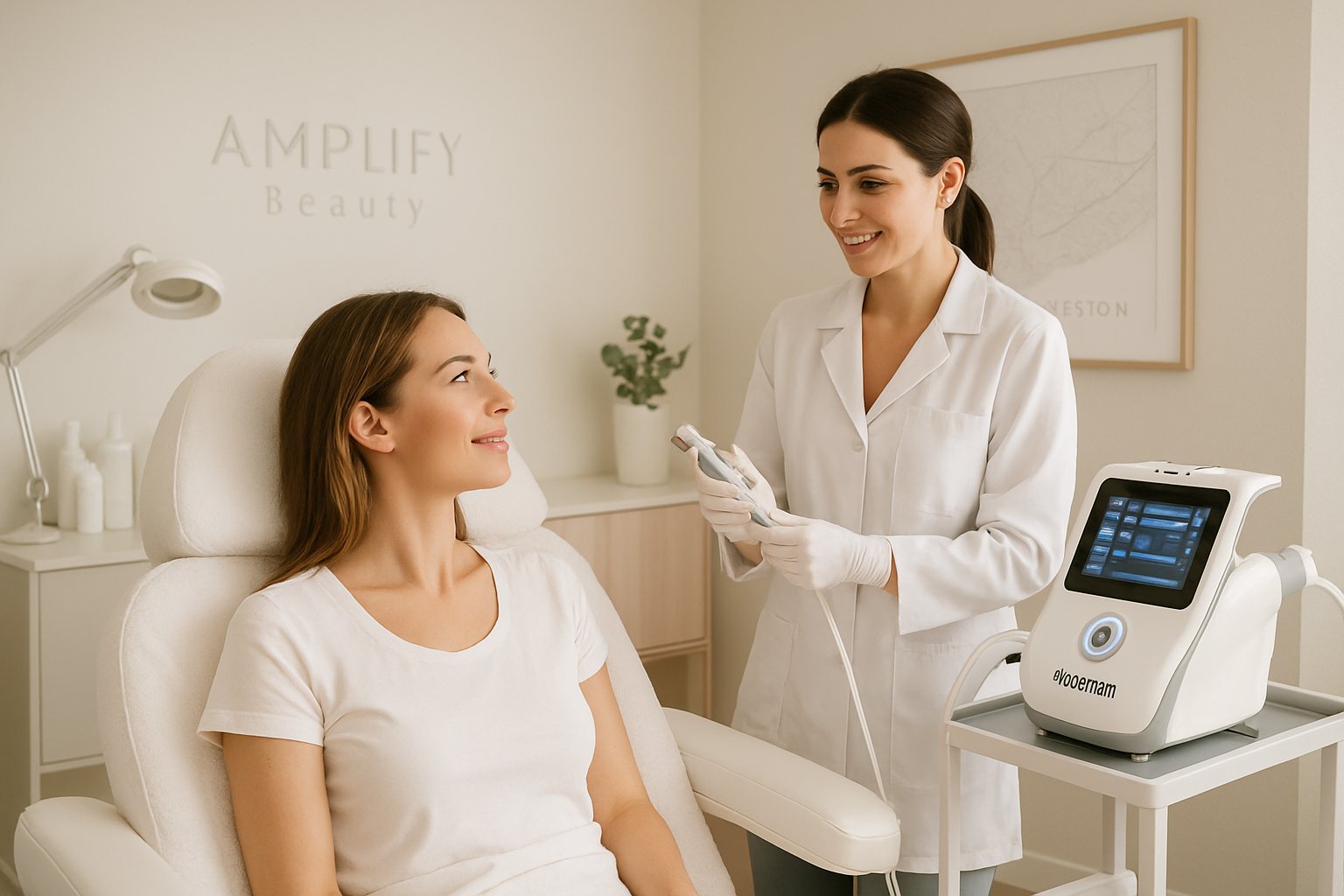A skincare professional prepares a microneedling device while a client sits comfortably in a modern beauty clinic treatment room.