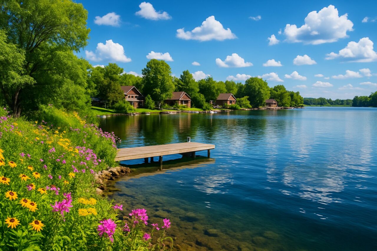 A calm waterfront scene in Mallorytown, Ontario, with trees, wildflowers, a wooden dock, and cottages in the background under a blue sky.