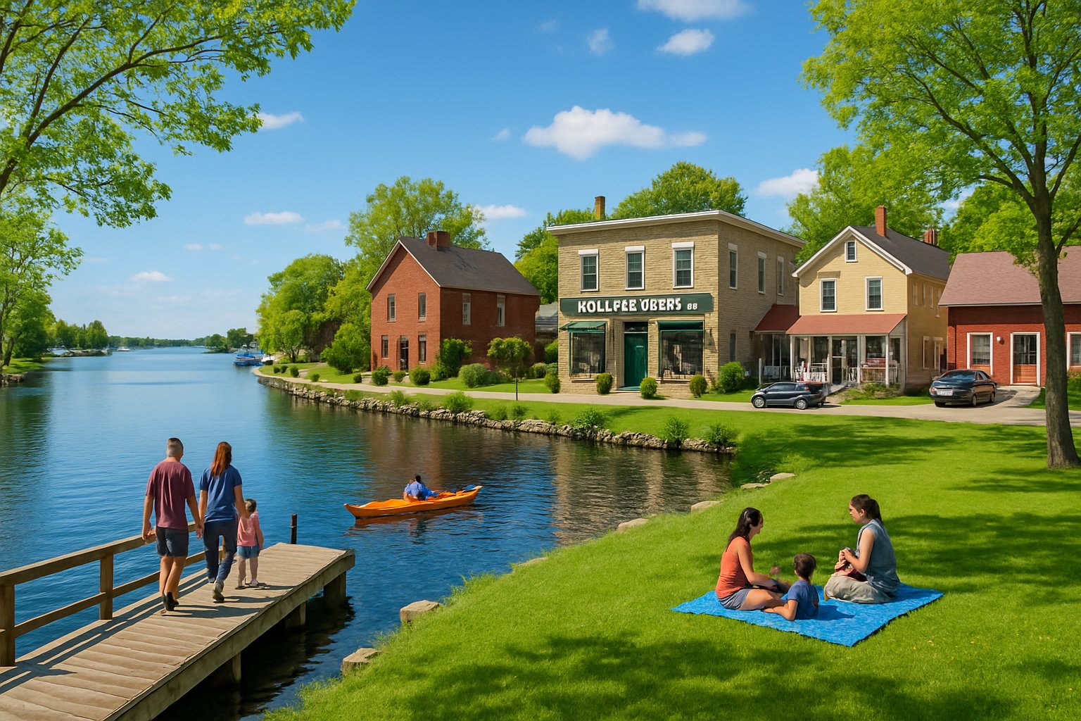 People enjoying outdoor activities by a waterfront with historic buildings and boats in Mallorytown, Ontario.