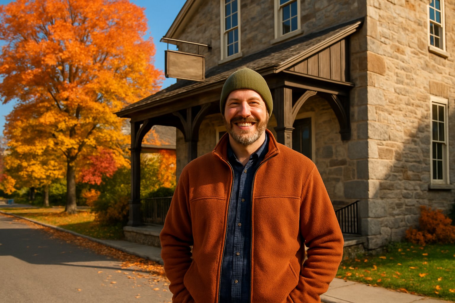 A person standing in front of a historic building surrounded by colorful autumn trees in a small town setting.