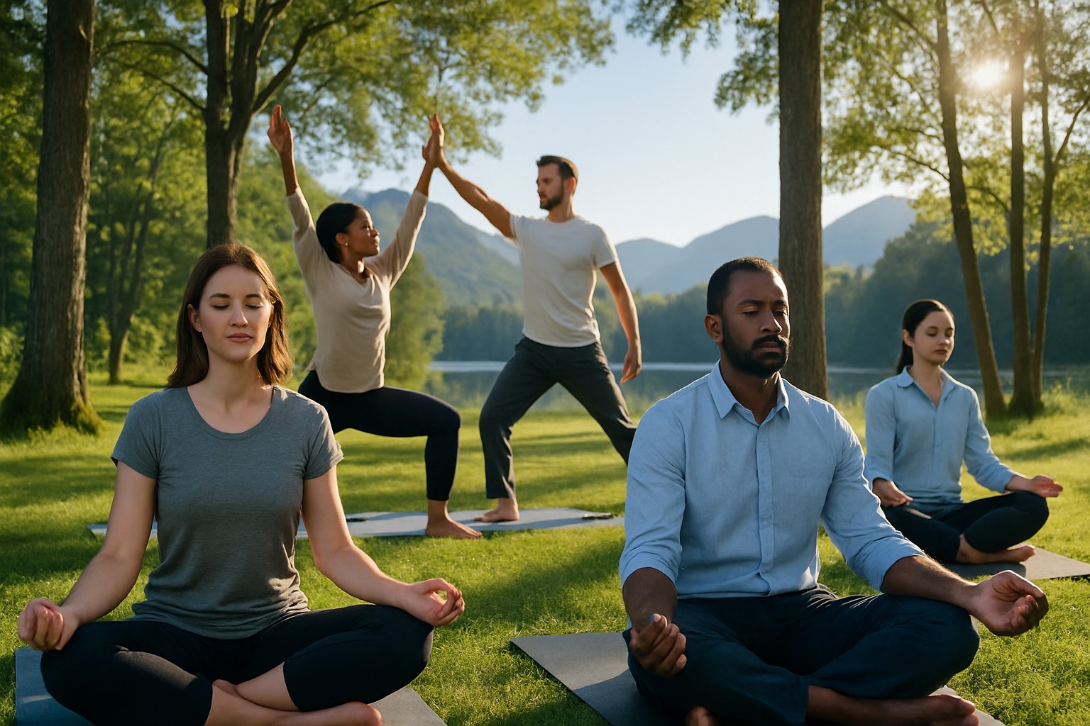 A group of business professionals practicing yoga and meditation outdoors in a peaceful natural setting with trees, a lake, and mountains.