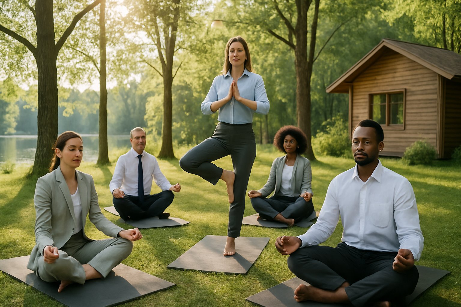 A group of professionals practicing yoga and meditation outdoors in a green forested area near a lake with a wooden retreat building in the background.
