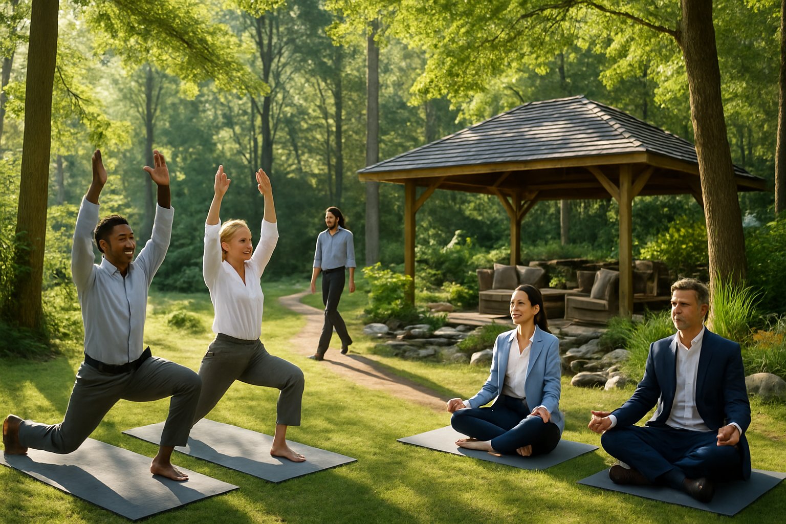 A group of professionals practicing yoga and meditating outdoors in a lush green forest near a wooden pavilion.