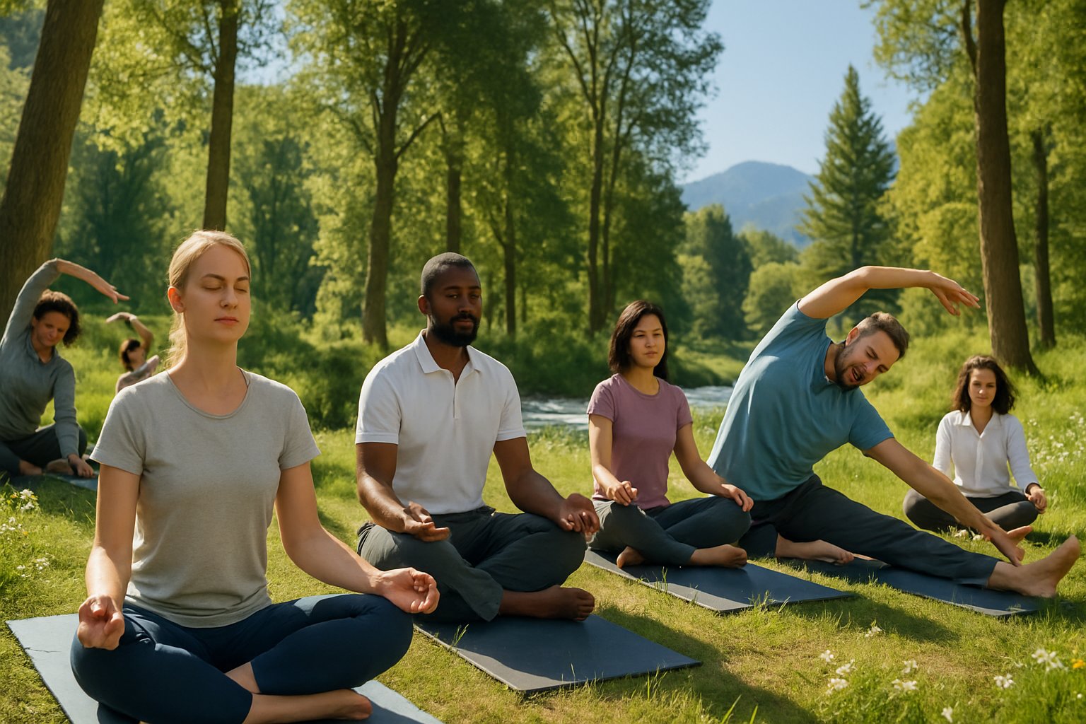 A group of professionals practicing yoga and meditation outdoors in a peaceful forest clearing surrounded by trees, flowers, and a small stream.