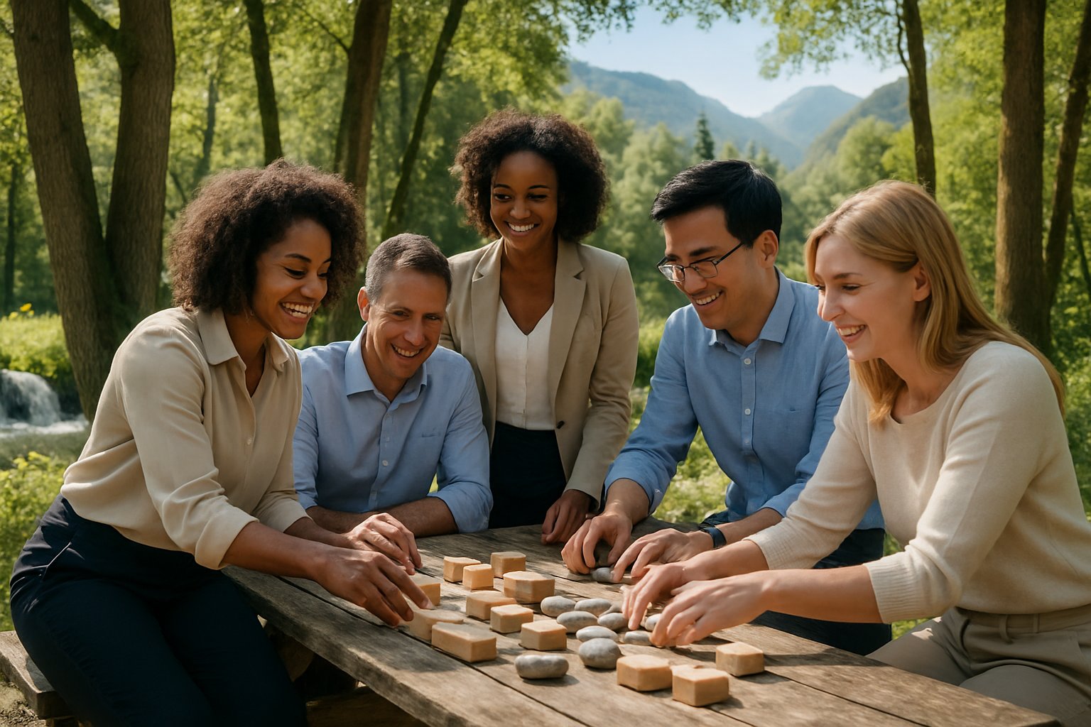 A group of professionals collaborating outdoors in a forest clearing during a corporate wellness retreat.