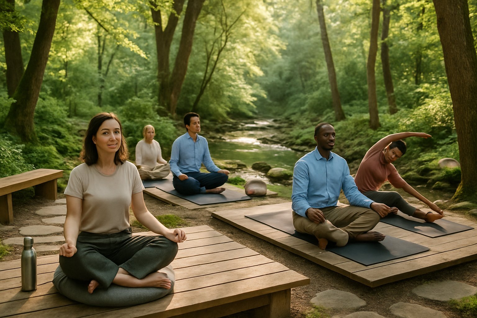 A group of professionals practicing yoga and mindfulness outdoors near a stream surrounded by trees and greenery during a corporate wellness retreat.