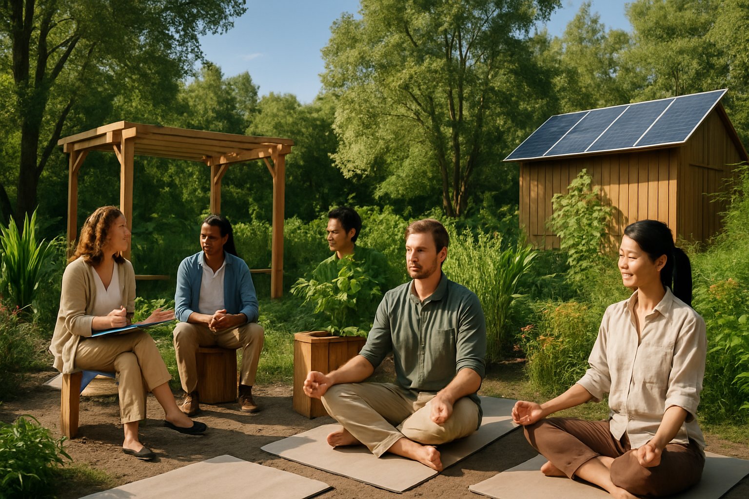 A group of people practicing yoga and meditating outdoors in a green forest setting during a corporate wellness retreat.