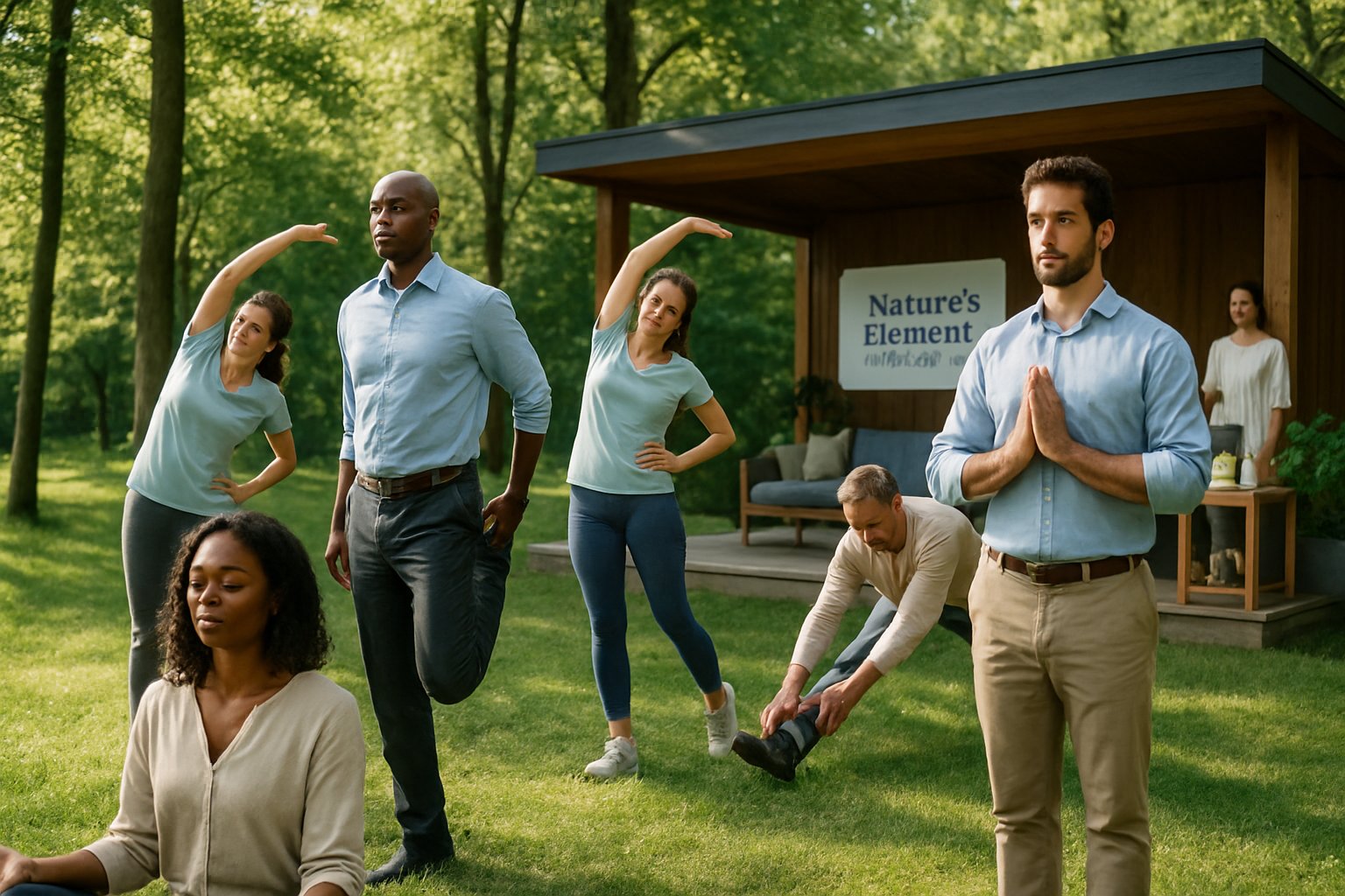 A group of business professionals practicing yoga and mindfulness exercises outdoors in a green forested area near a wooden pavilion during a corporate wellness retreat.