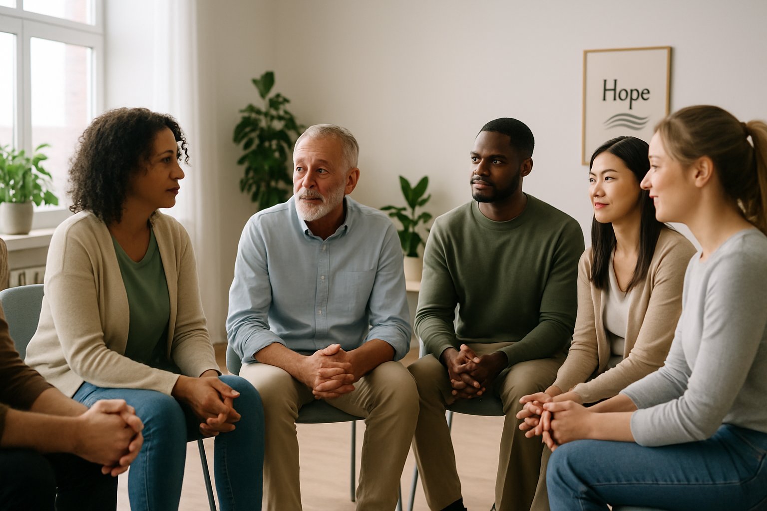 A diverse group of people sitting in a circle in a bright room, engaged in a supportive conversation.