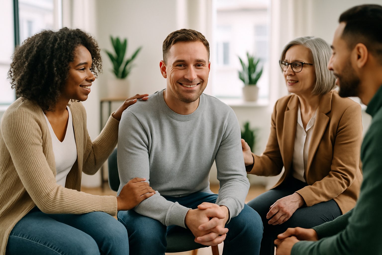 A group of people sitting in a circle in a bright room, engaged in a supportive conversation about recovery.