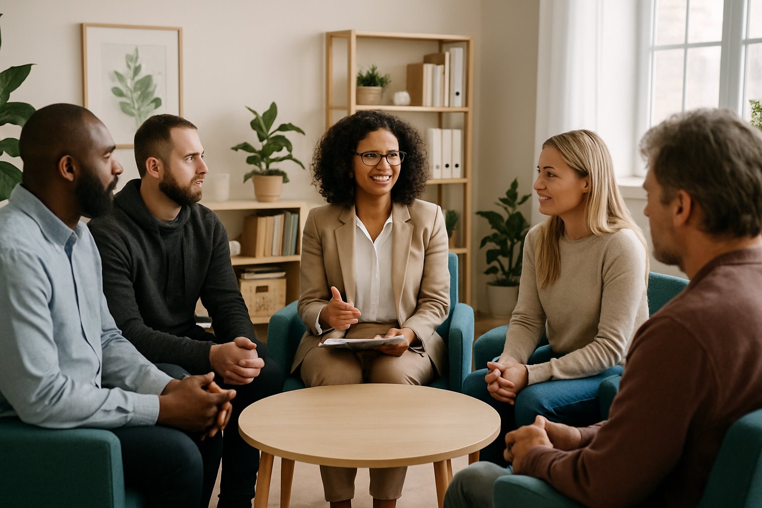 A group of adults participating in a supportive group therapy session with a counselor in a bright, welcoming room.