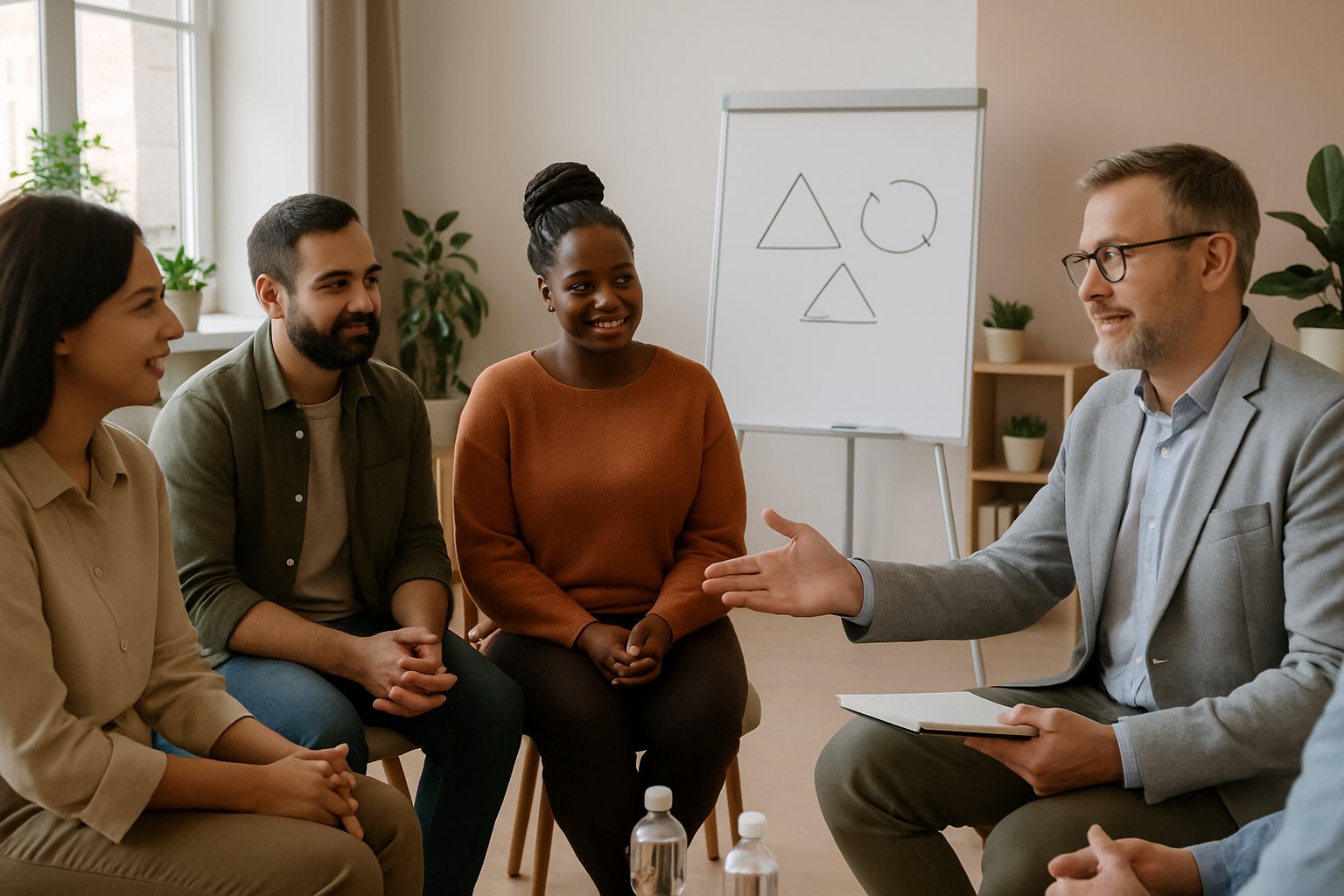 A diverse group of people sitting in a circle in a community room, engaged in a supportive group meeting for addiction recovery.