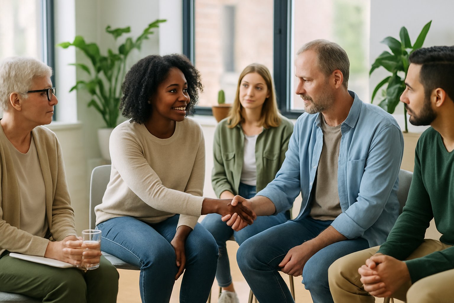 A diverse group of people sitting in a circle in a bright room, supporting each other in a recovery meeting.