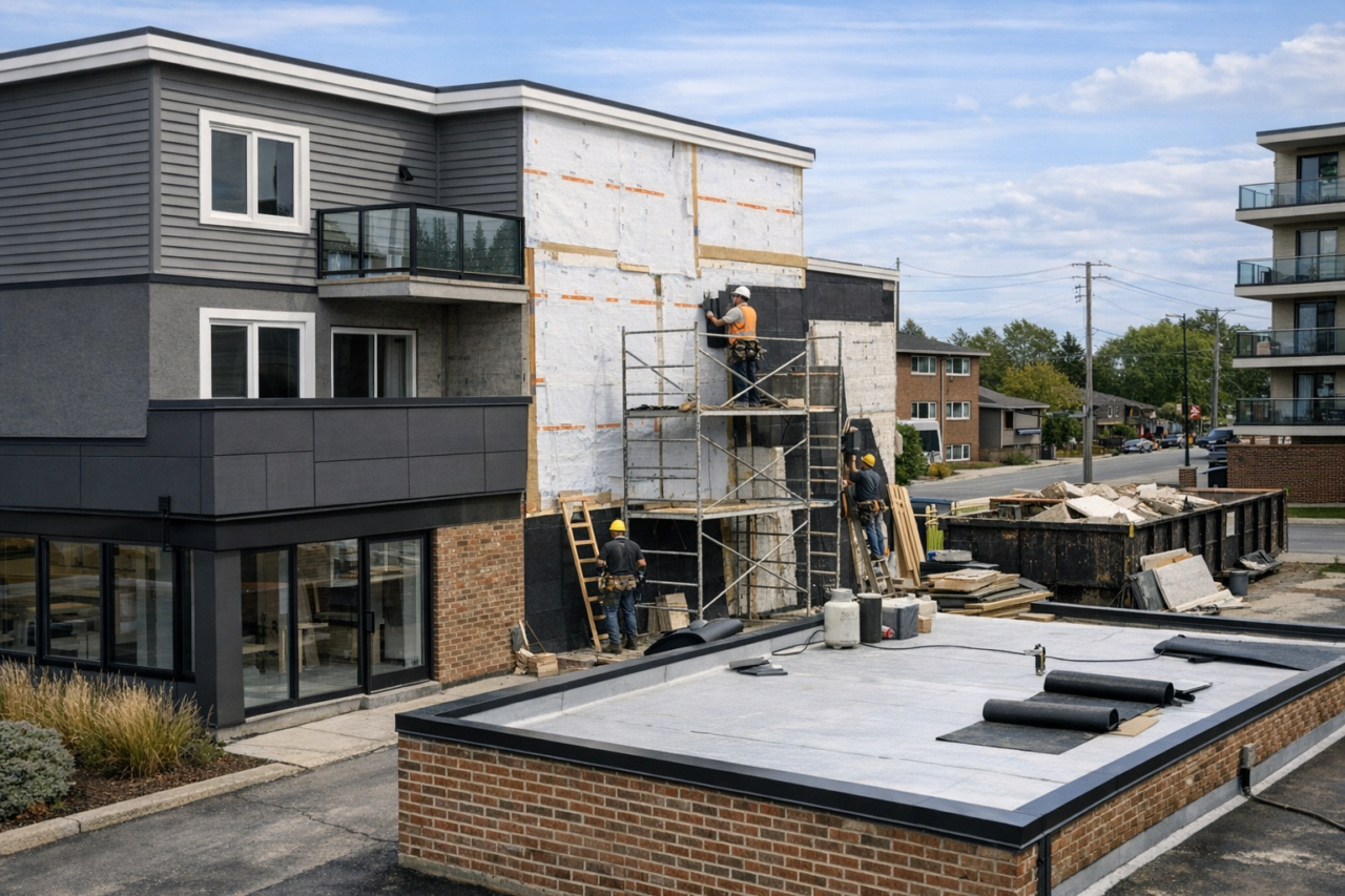 Workers install exterior cladding on an apartment building from scaffolding
